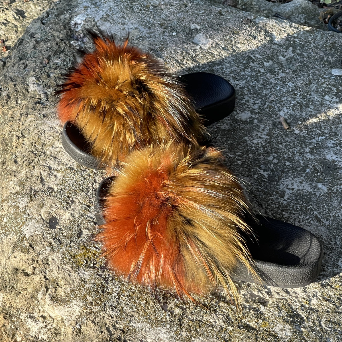 REAL FUR Slippers Flush Soft Raccoon Fox Fur Slides for Women